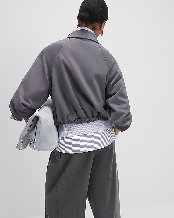 River Island Grey Faux Suede Collared Bomber Jacket