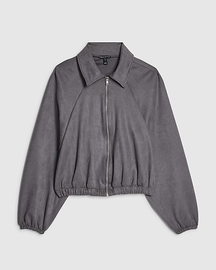 river island Grey Faux Suede Collared Bomber Jacket