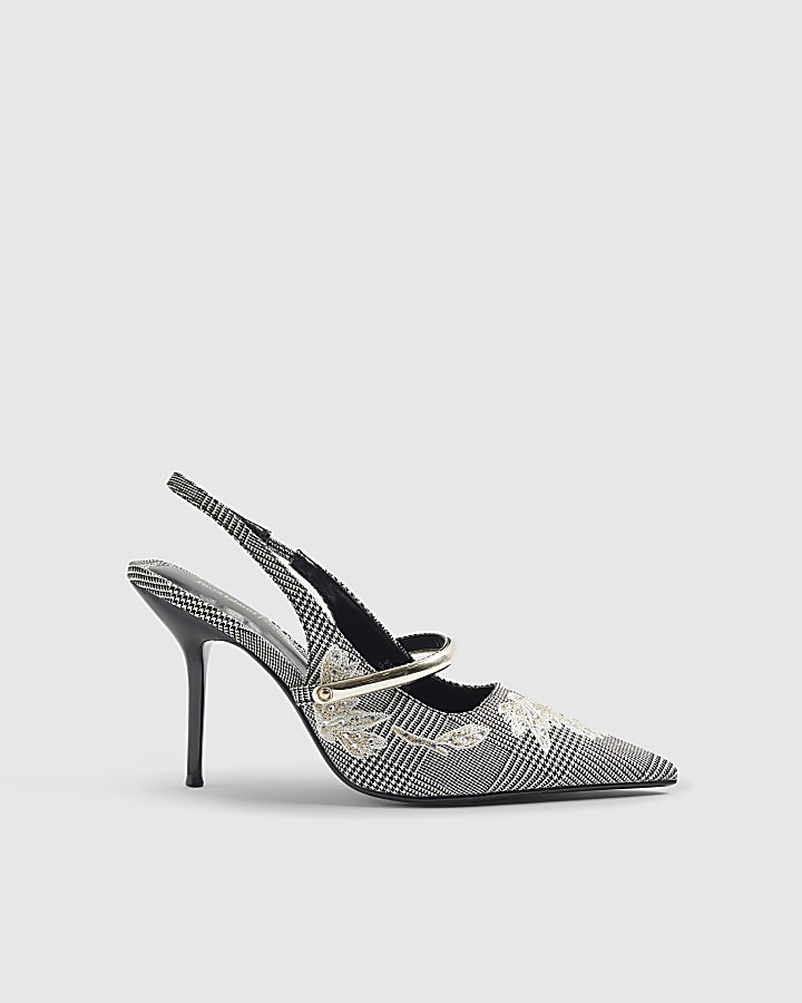 River Island Grey Floral Check Slingback Court Heels