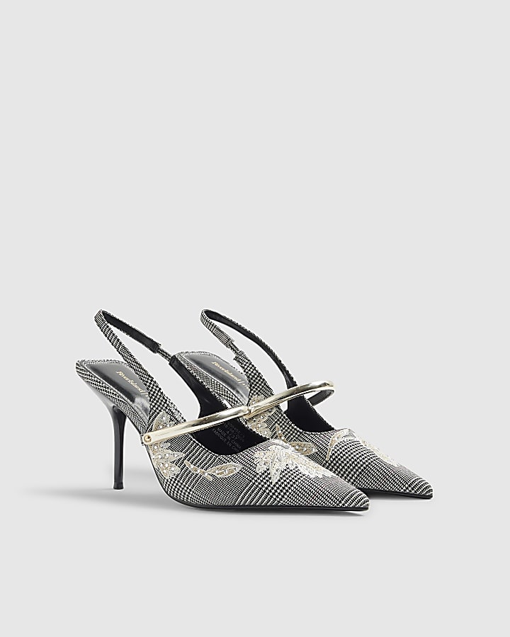 River Island Grey Floral Check Slingback Court Heels