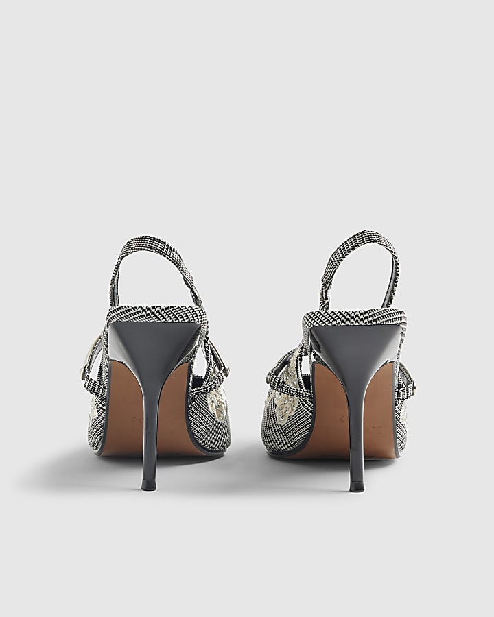 River Island Grey Floral Check Slingback Court Heels