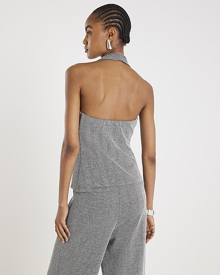 River Island Grey Herringbone Sleeveless Halter Neck Top