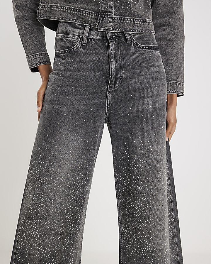 River Island Grey High Rise Embellished Wide Leg Jeans