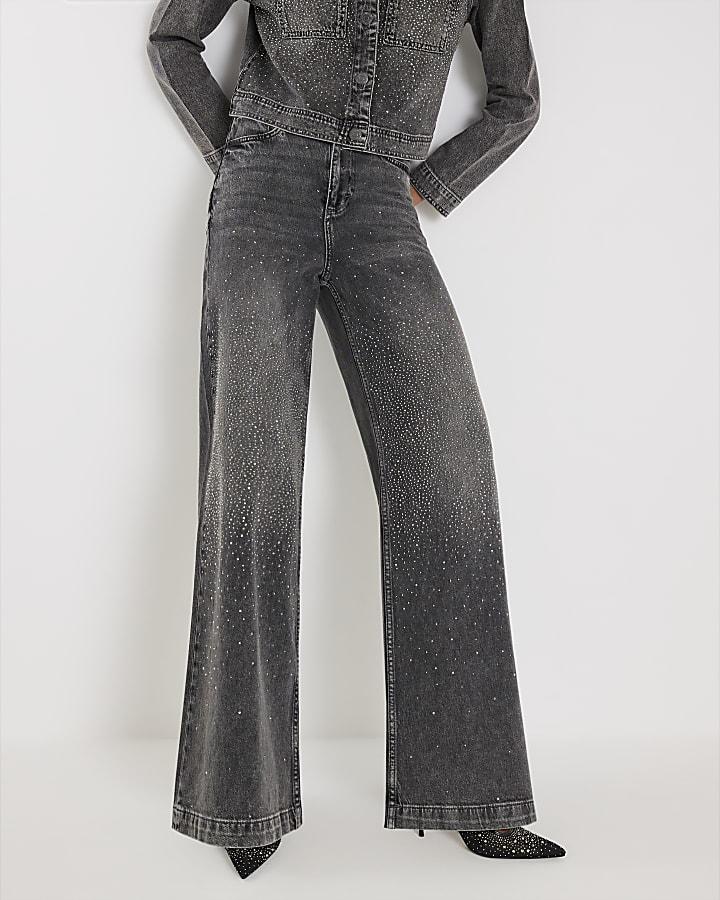 River Island Grey High Rise Embellished Wide Leg Jeans