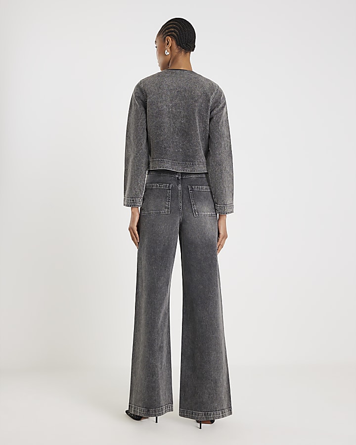 River Island Grey High Rise Embellished Wide Leg Jeans