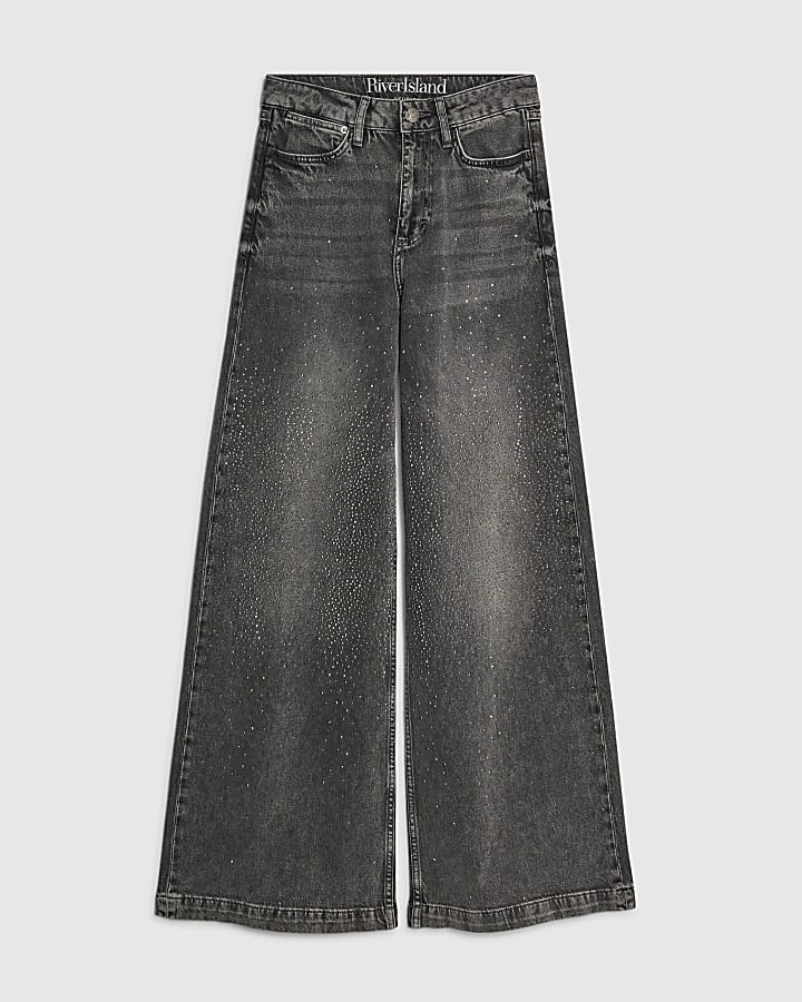 river island Grey High Rise Embellished Wide Leg Jeans