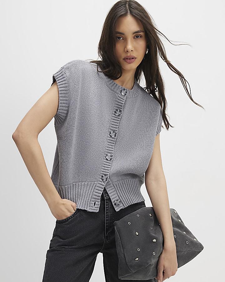 River Island Grey Knitted Sleeveless Ribbed Hem Tank Top