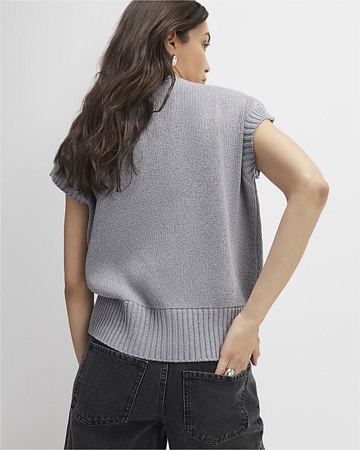 River Island Grey Knitted Sleeveless Ribbed Hem Tank Top