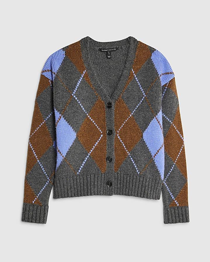 river island Grey Knitted V Neck Argyle Print Cardigan