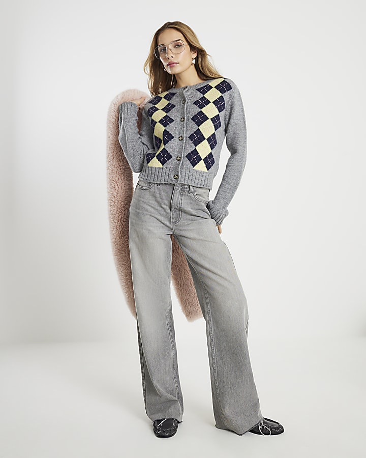 River Island Grey Long Sleeve Argyle Print Cardigan