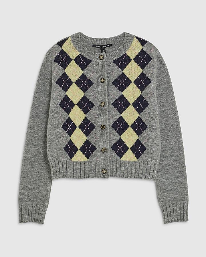 river island Grey Long Sleeve Argyle Print Cardigan
