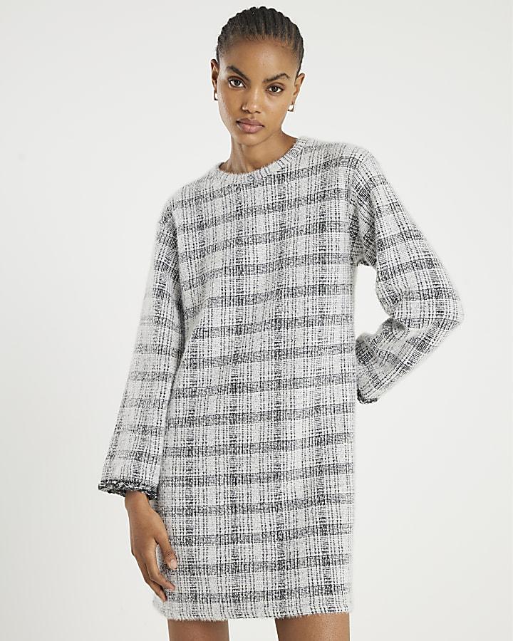 River Island Grey Long Sleeve Boucle Check Mini Dress