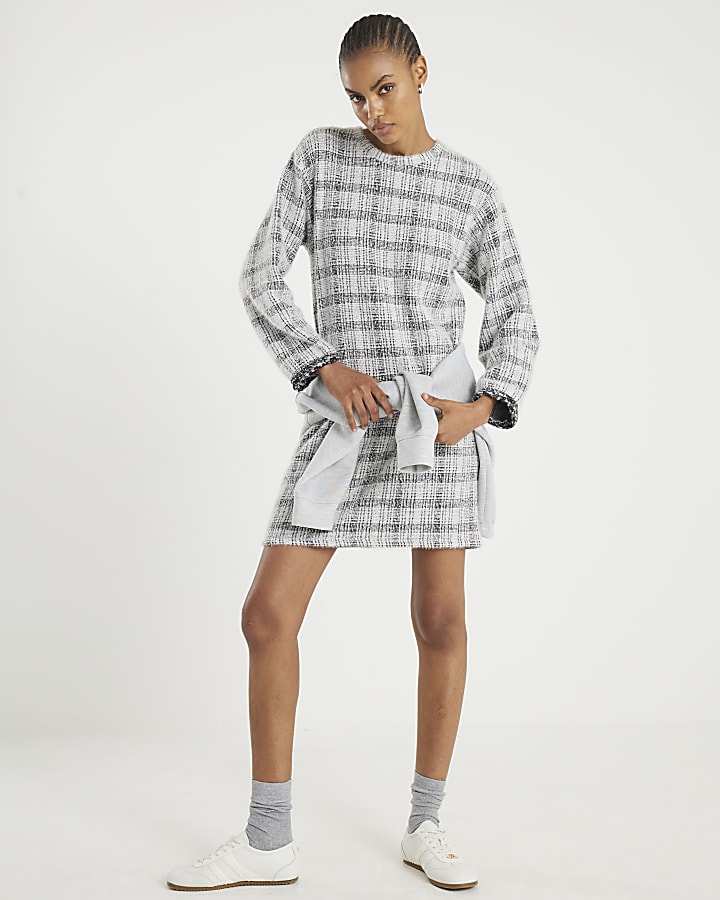River Island Grey Long Sleeve Boucle Check Mini Dress