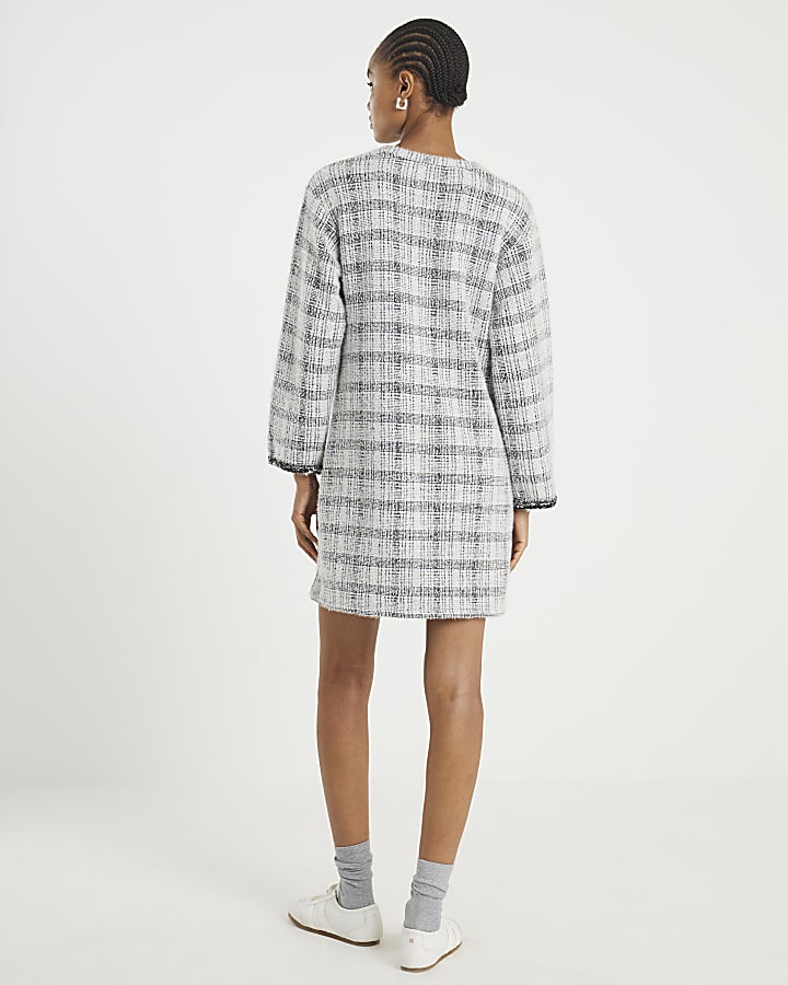 River Island Grey Long Sleeve Boucle Check Mini Dress
