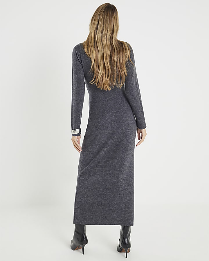 River Island Grey Long Sleeve Cosy Twist Front Midi Dress