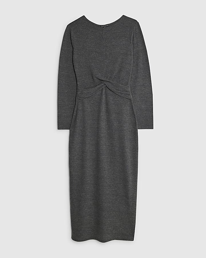 river island Grey Long Sleeve Cosy Twist Front Midi Dress