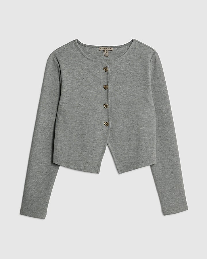 river island Grey Long Sleeve Cropped Heart Cardigan