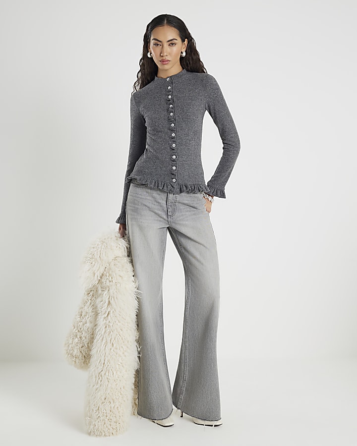 River Island Grey Long Sleeve Frilled Cosy Cardigan
