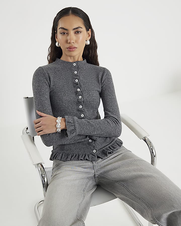 River Island Grey Long Sleeve Frilled Cosy Cardigan
