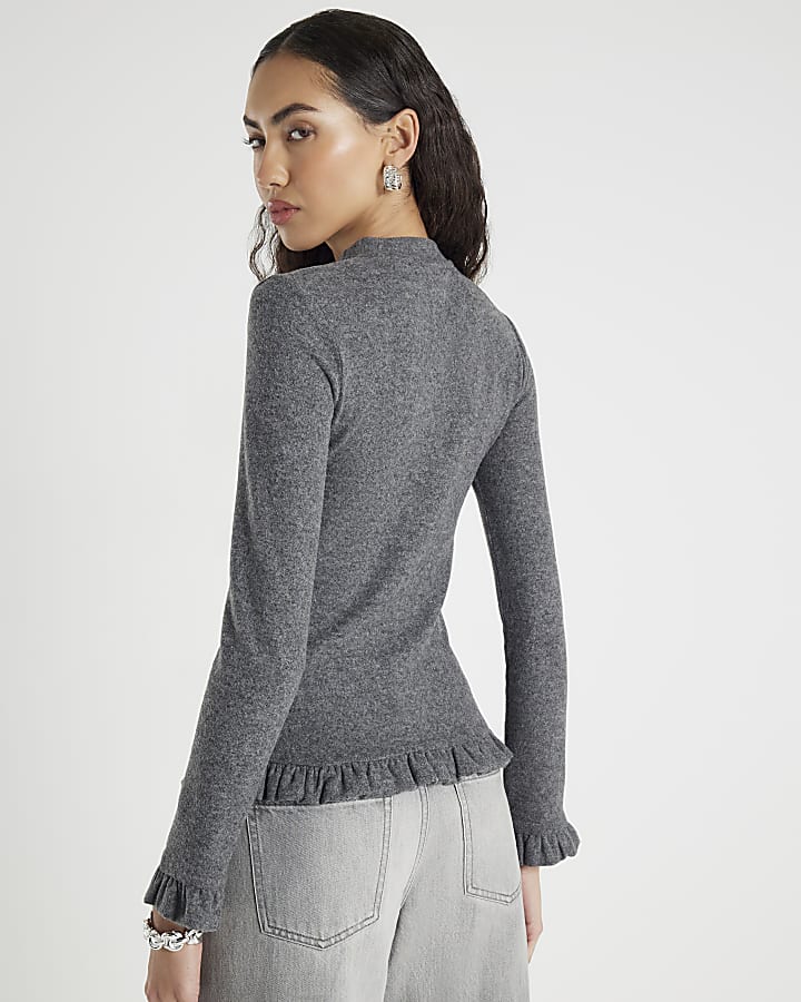 River Island Grey Long Sleeve Frilled Cosy Cardigan