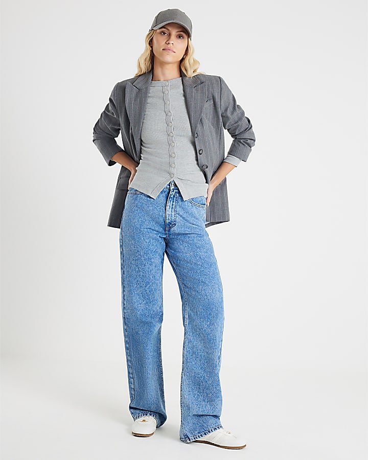 River Island Grey Long Sleeve Popper Through Ribbed Top