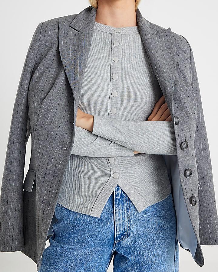 River Island Grey Long Sleeve Popper Through Ribbed Top