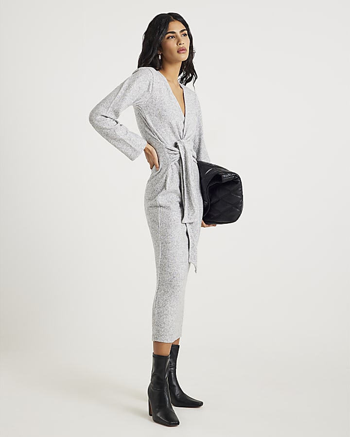 River Island Grey Long Sleeve Tie Side Cosy Maxi Dress