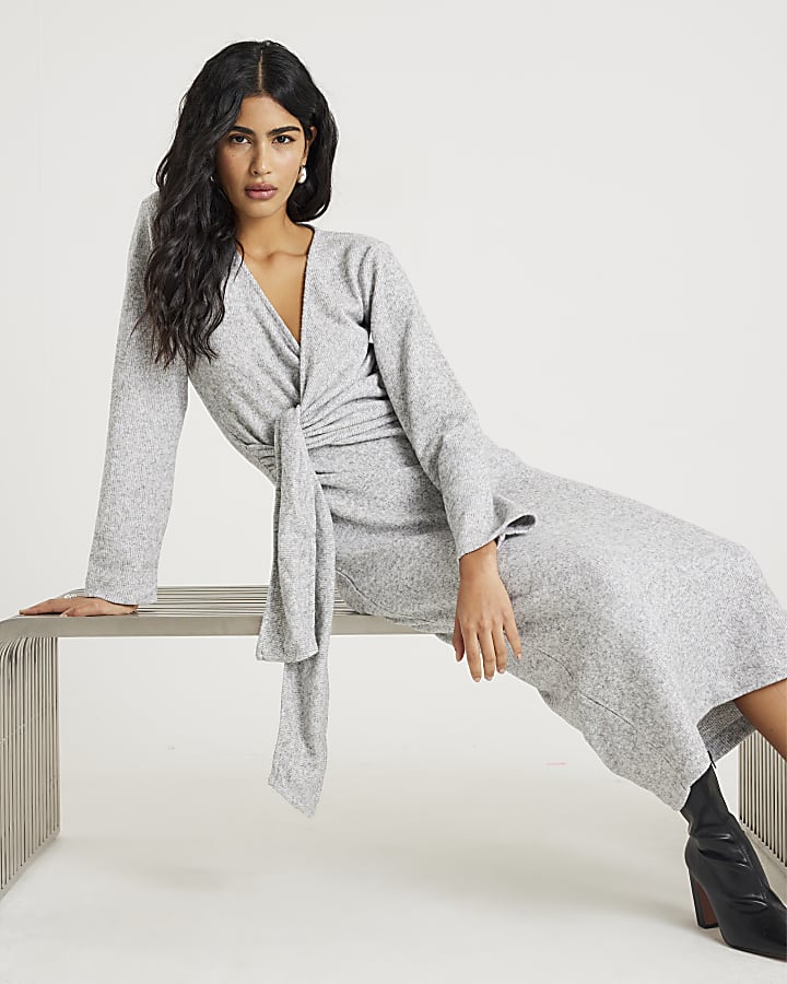 River Island Grey Long Sleeve Tie Side Cosy Maxi Dress