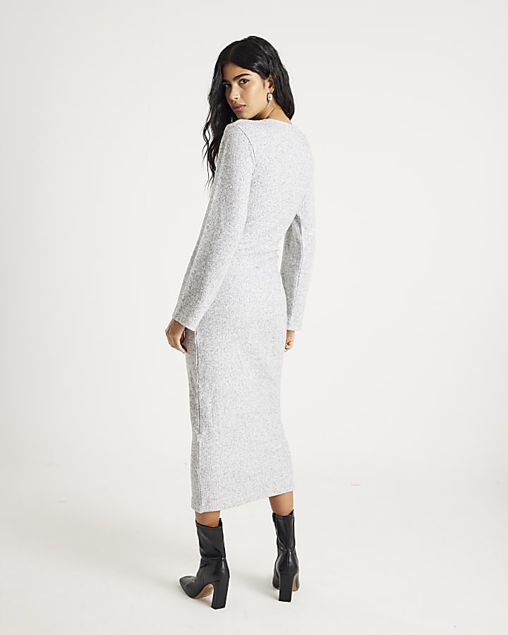 River Island Grey Long Sleeve Tie Side Cosy Maxi Dress