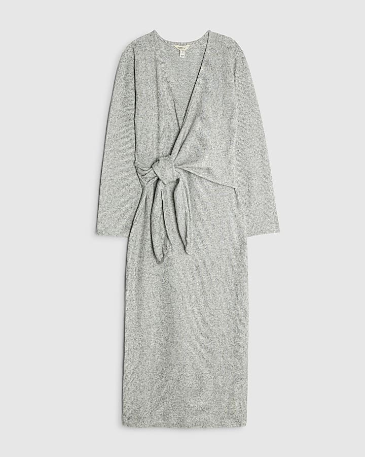 river island Grey Long Sleeve Tie Side Cosy Maxi Dress