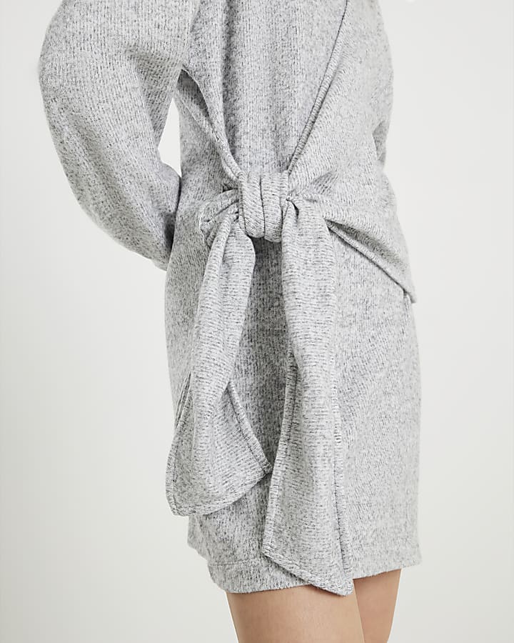 River Island Grey Long Sleeve Tie Side Cosy Mini Dress