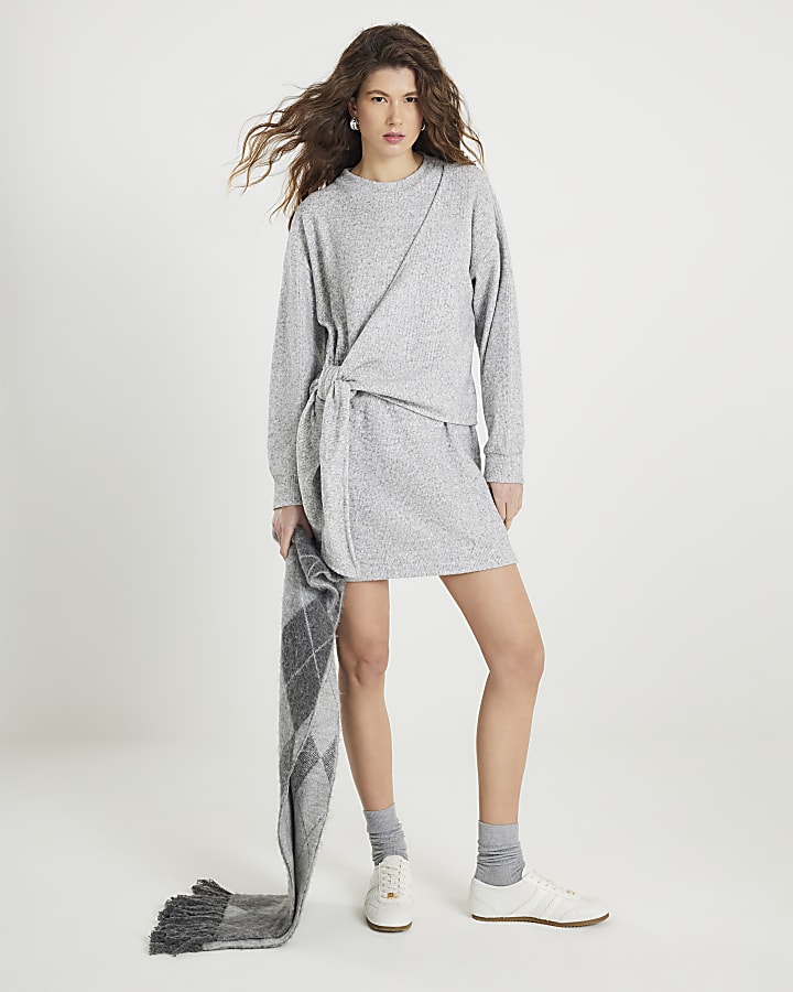 River Island Grey Long Sleeve Tie Side Cosy Mini Dress