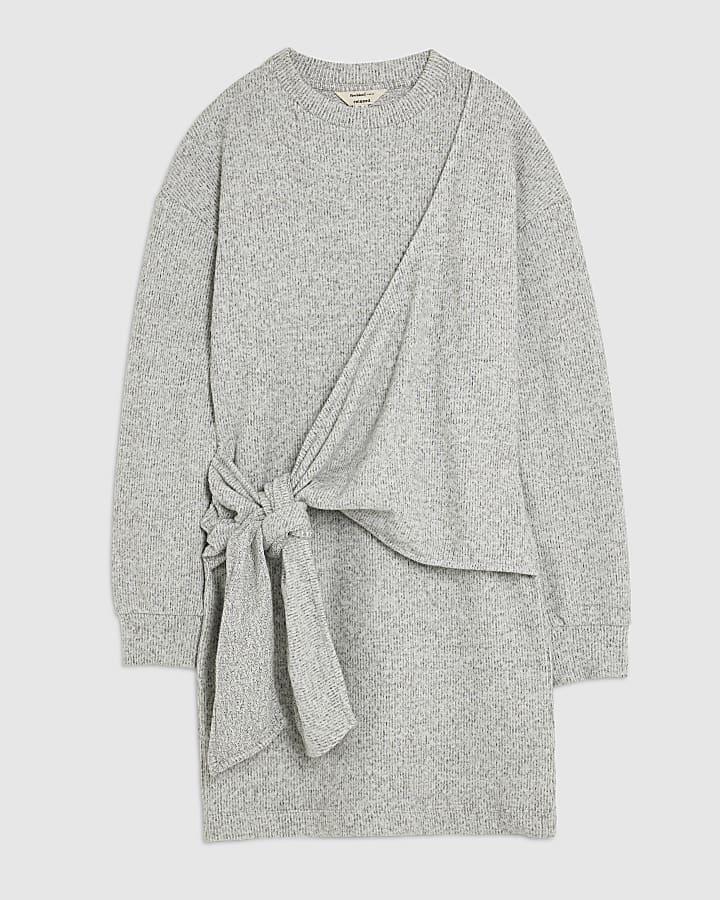 river island Grey Long Sleeve Tie Side Cosy Mini Dress