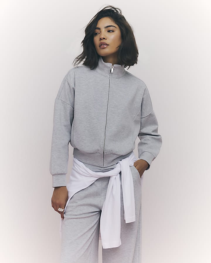 River Island Grey Long Sleeve Zip Up Bomber Sweatshirt