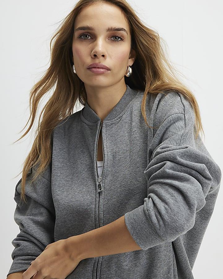 River Island Grey Long Sleeve Zip Up Bomber Sweatshirt