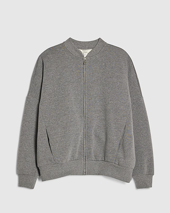 river island Grey Long Sleeve Zip Up Bomber Sweatshirt