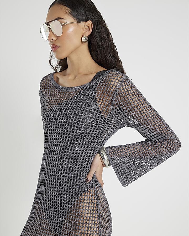 River Island Grey Lurex Long Sleeve Maxi Beach Dress