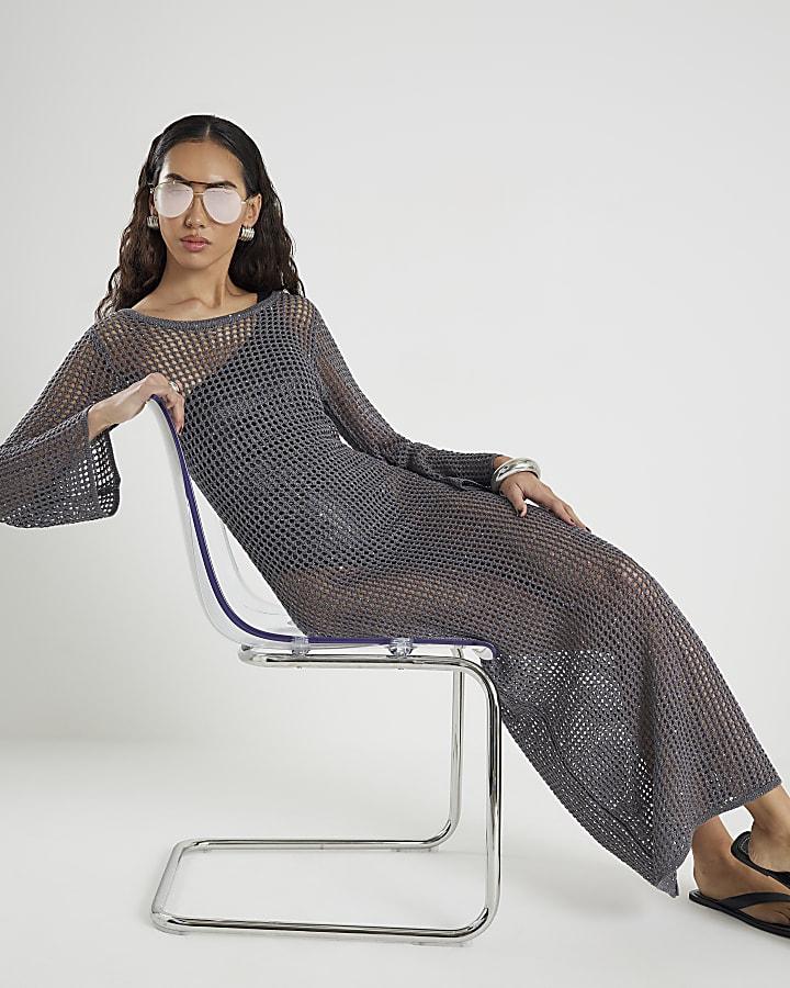 River Island Grey Lurex Long Sleeve Maxi Beach Dress