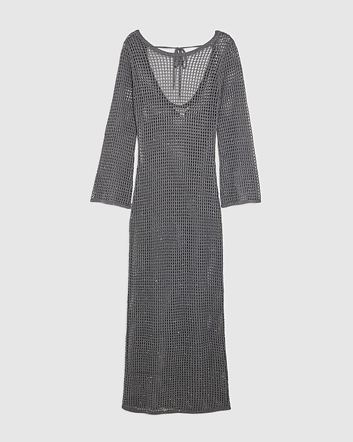 river island Grey Lurex Long Sleeve Maxi Beach Dress
