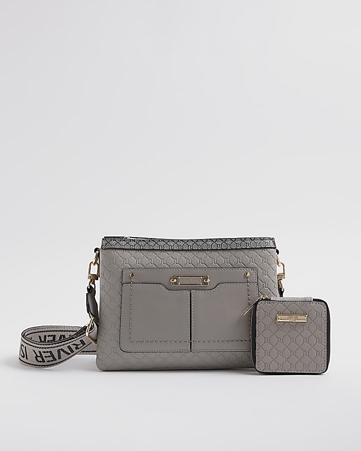 River Island Grey Monogram Pocket Front Cross Body Bag