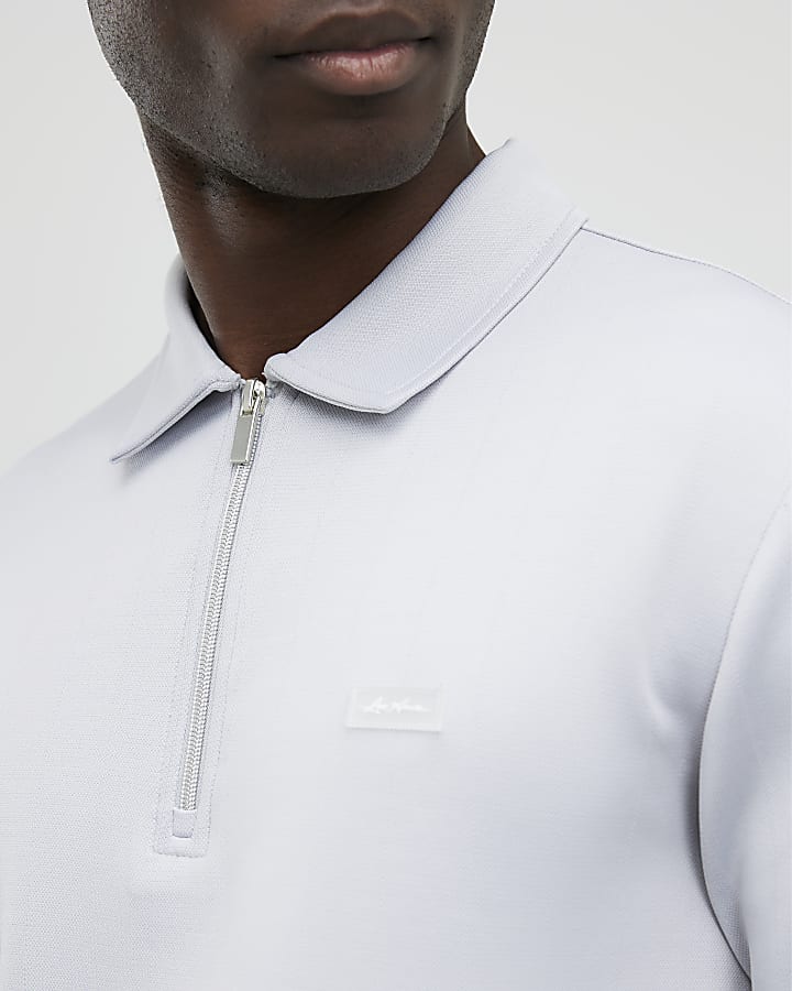 River Island Grey Muscle Fit Les Amis Stripe Polo Shirt