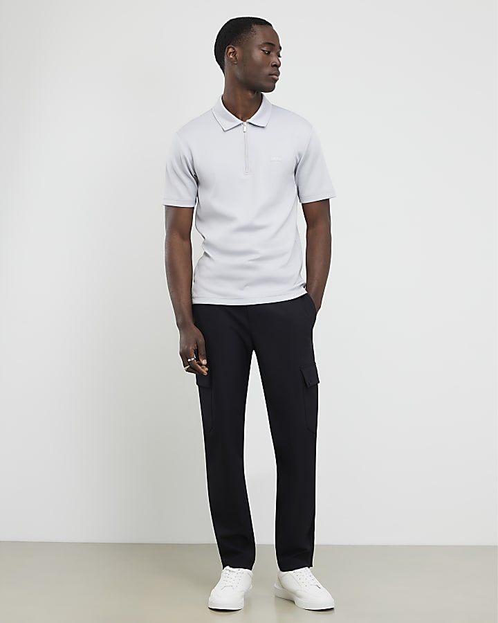 River Island Grey Muscle Fit Les Amis Stripe Polo Shirt