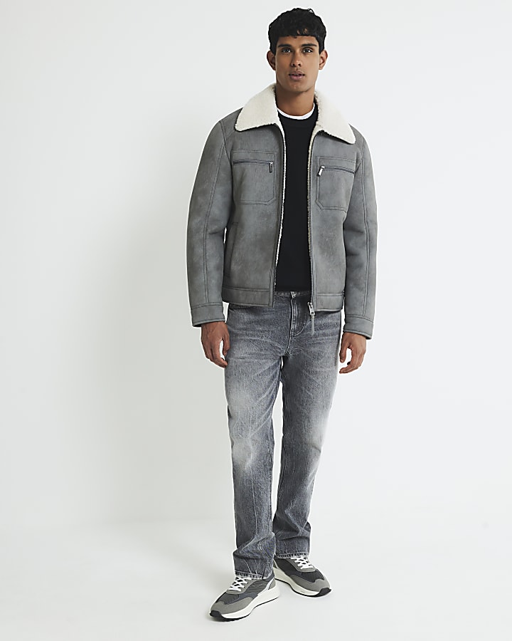 River Island Grey Nubuck Zip Shearling Western Jacket