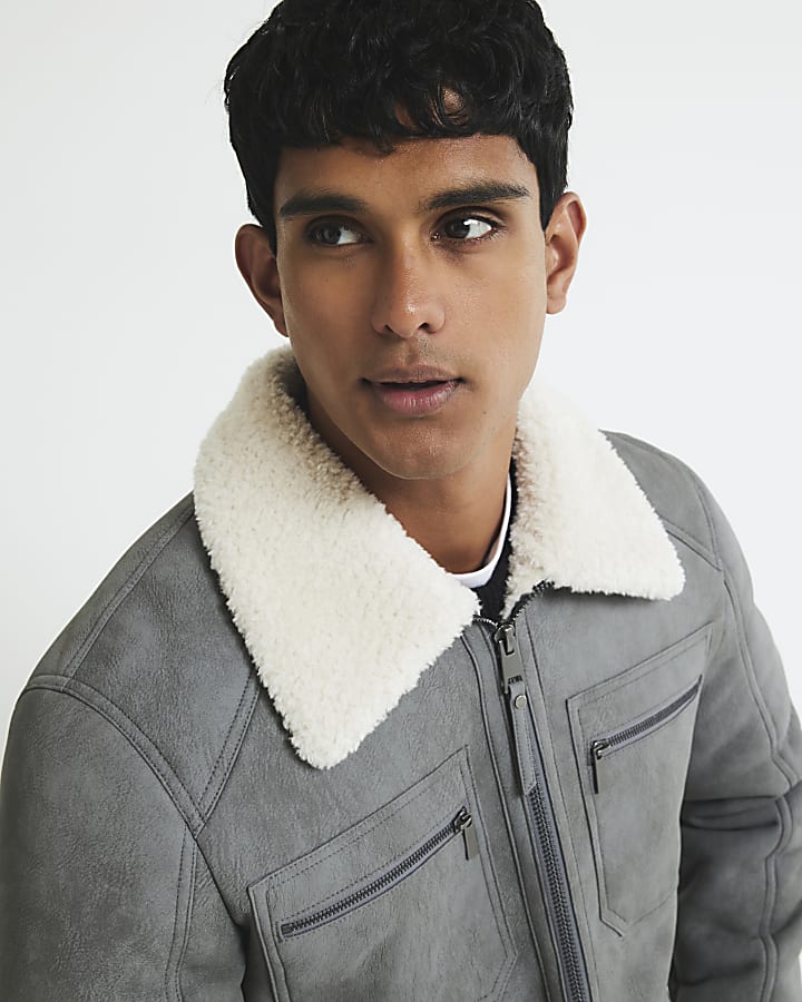 River Island Grey Nubuck Zip Shearling Western Jacket
