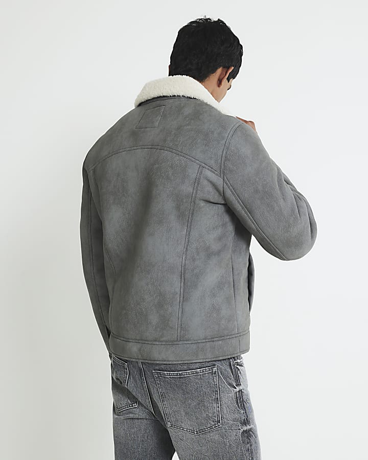 River Island Grey Nubuck Zip Shearling Western Jacket