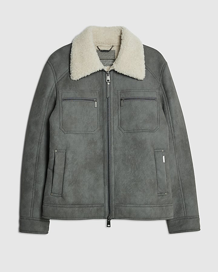 river island Grey Nubuck Zip Shearling Western Jacket