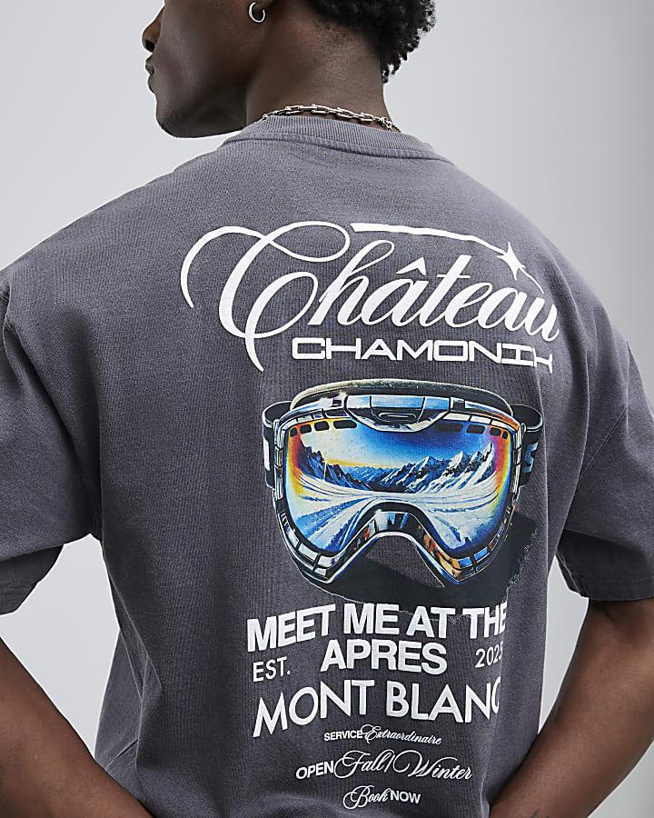River Island Grey Oversized Fit Chateaux Chamonix T-Shirt