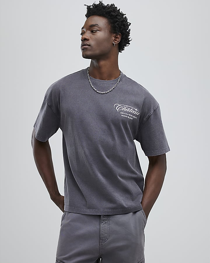 River Island Grey Oversized Fit Chateaux Chamonix T-Shirt