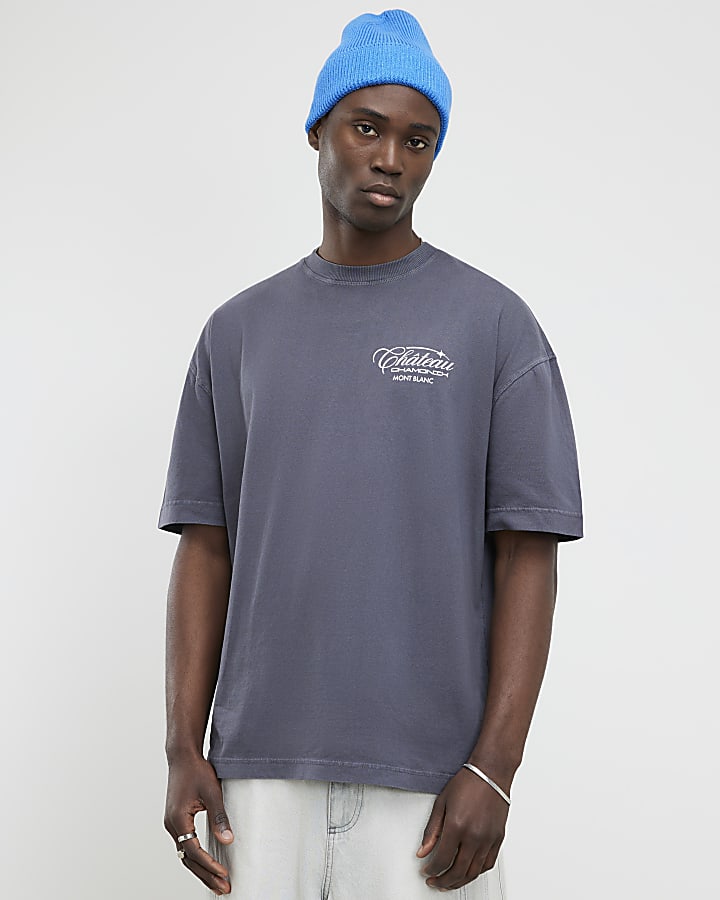River Island Grey Oversized Fit Chateaux Chamonix T-Shirt