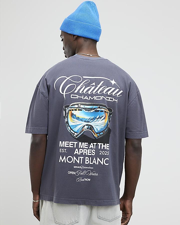 River Island Grey Oversized Fit Chateaux Chamonix T-Shirt